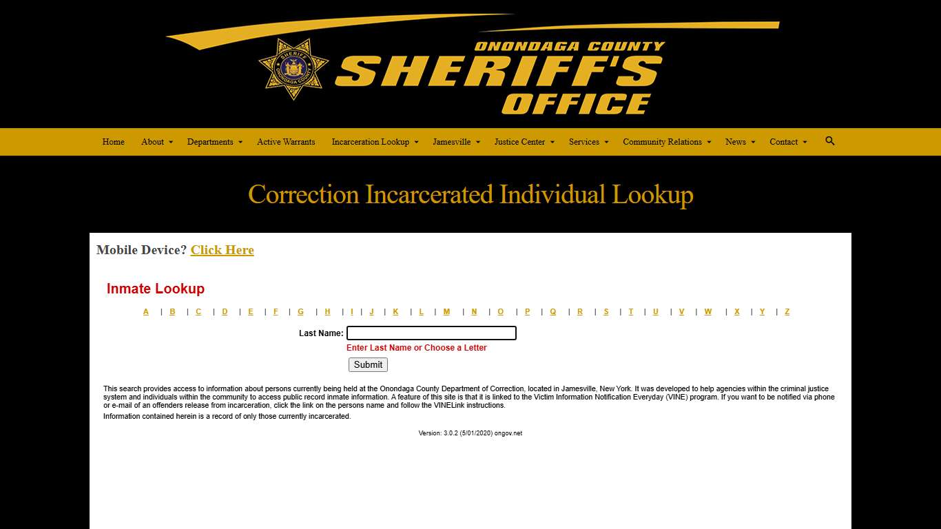 Correction Incarcerated Individual Lookup – Onondaga County Sheriff's Office
